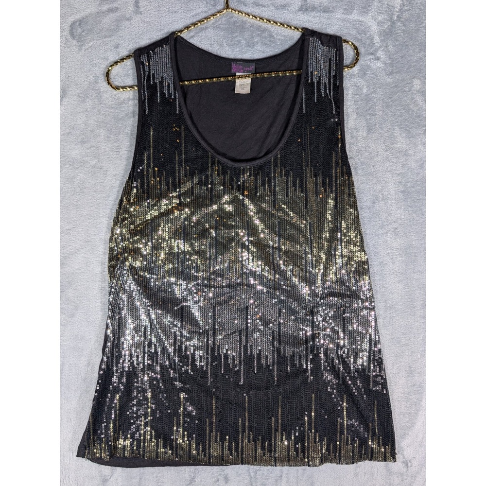 Agenda Womens Extra Large Sequin Tank Top Black Gold Silver Ombre Sleeveless XL
